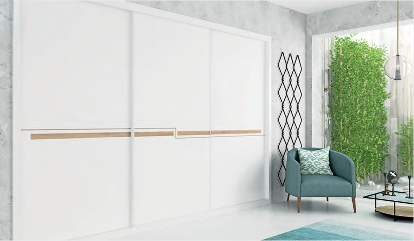 Velari Compact Signature Oak: corredera blanca pantografiada con detalle en cambrian oak