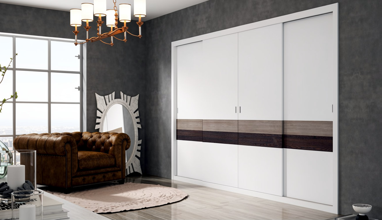 Velari Aura Skyline: armario corredero premium lacado blanco con franja en madera natural y nogal oscuro — VELARI Madrid