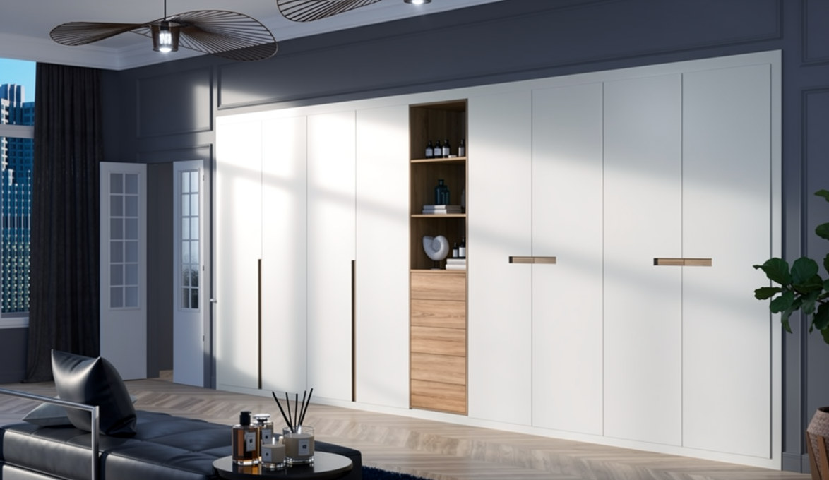 Velari Open Goya Oak: armario abatible a medida lacado blanco con módulo abierto en roble cambrian — VELARI Madrid