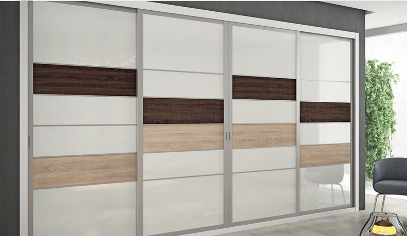 Velari Max Zen Oak: armario deslizante con frentes blancos y franjas en roble cambrian y britania — VELARI Madrid