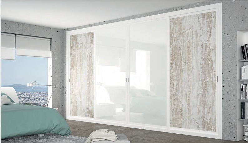Velari Max Vintage: armario deslizante blanco extraclaro con paneles vintage wood