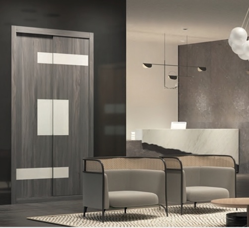 Velari Aura Wabi: corredera en madera gris con paneles claros de composición asimétrica
