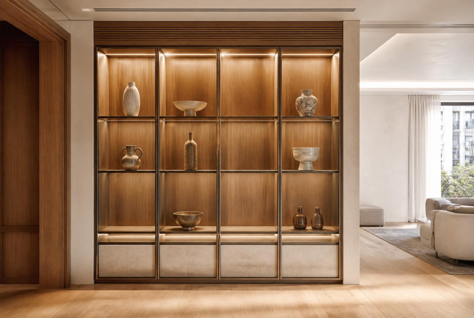 Vitrina Velari Glass con baldas de cristal iluminadas en salón de lujo